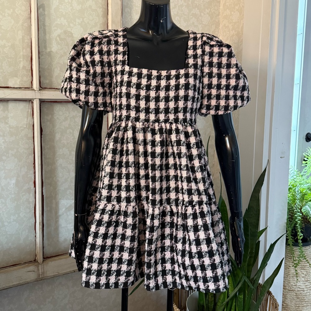 English Factory Lined Tweed Puff Sleeve Minidress Back Zipper POCKETS! Sz Small